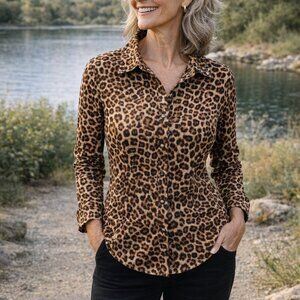 Charter Club Leopard Print Button Down Blouse Long Sleeve Collared Top Size Med